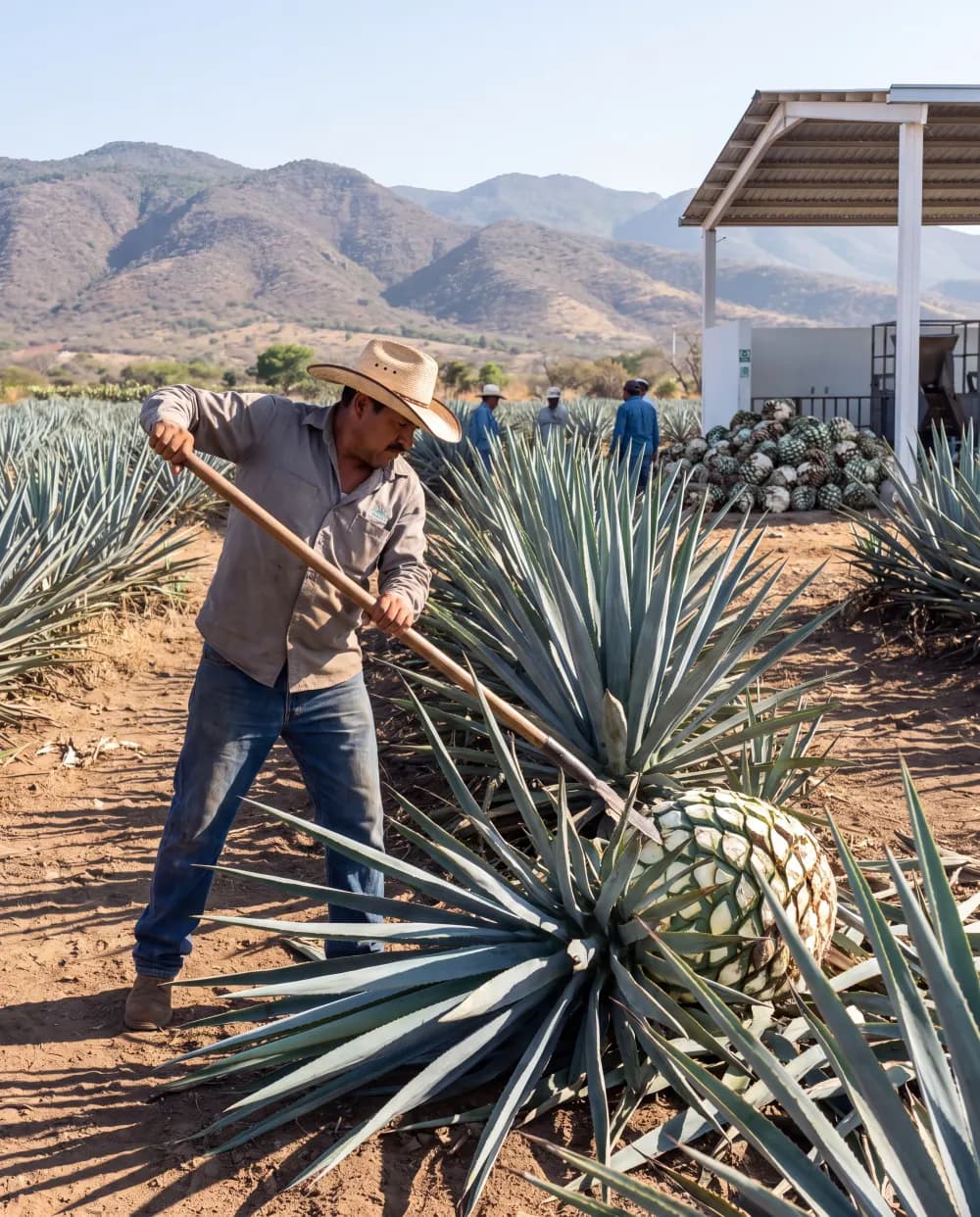 Jimador harvesting blue agave piñas on a Mexican hillside for tequila and mezcal