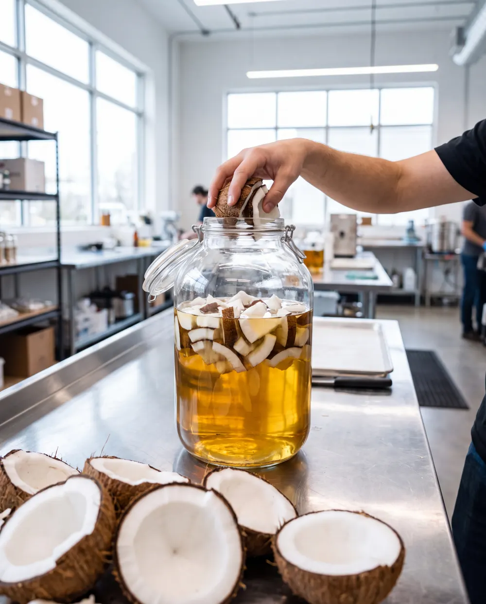 Coconut and botanicals infusing in a jar for botanical rum