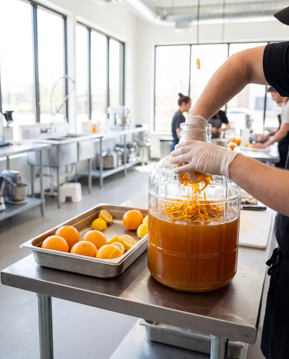 Fresh orange peel macerating in a glass demijohn to craft liqueur