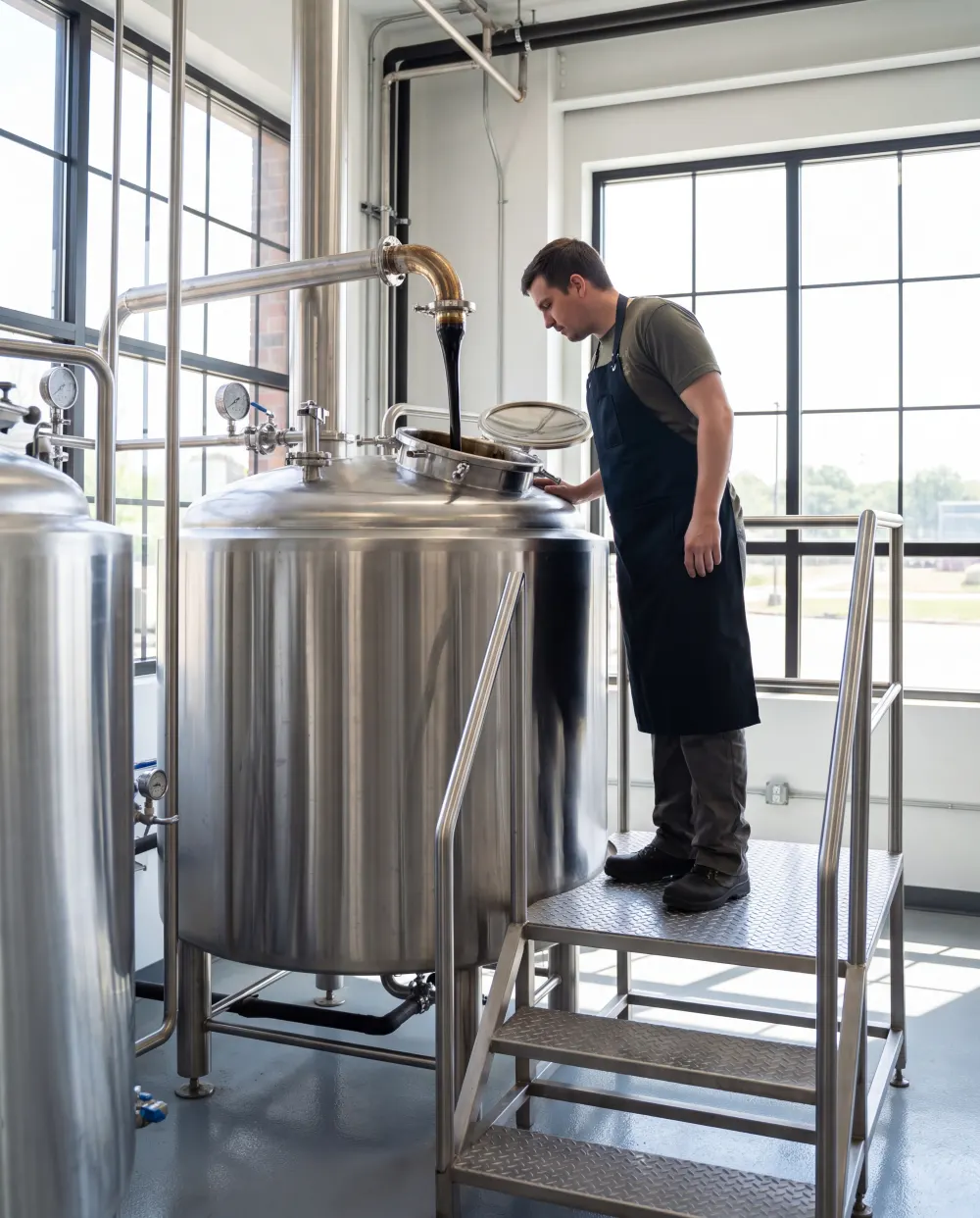 Distiller monitoring a copper-topped still in the rum distillery