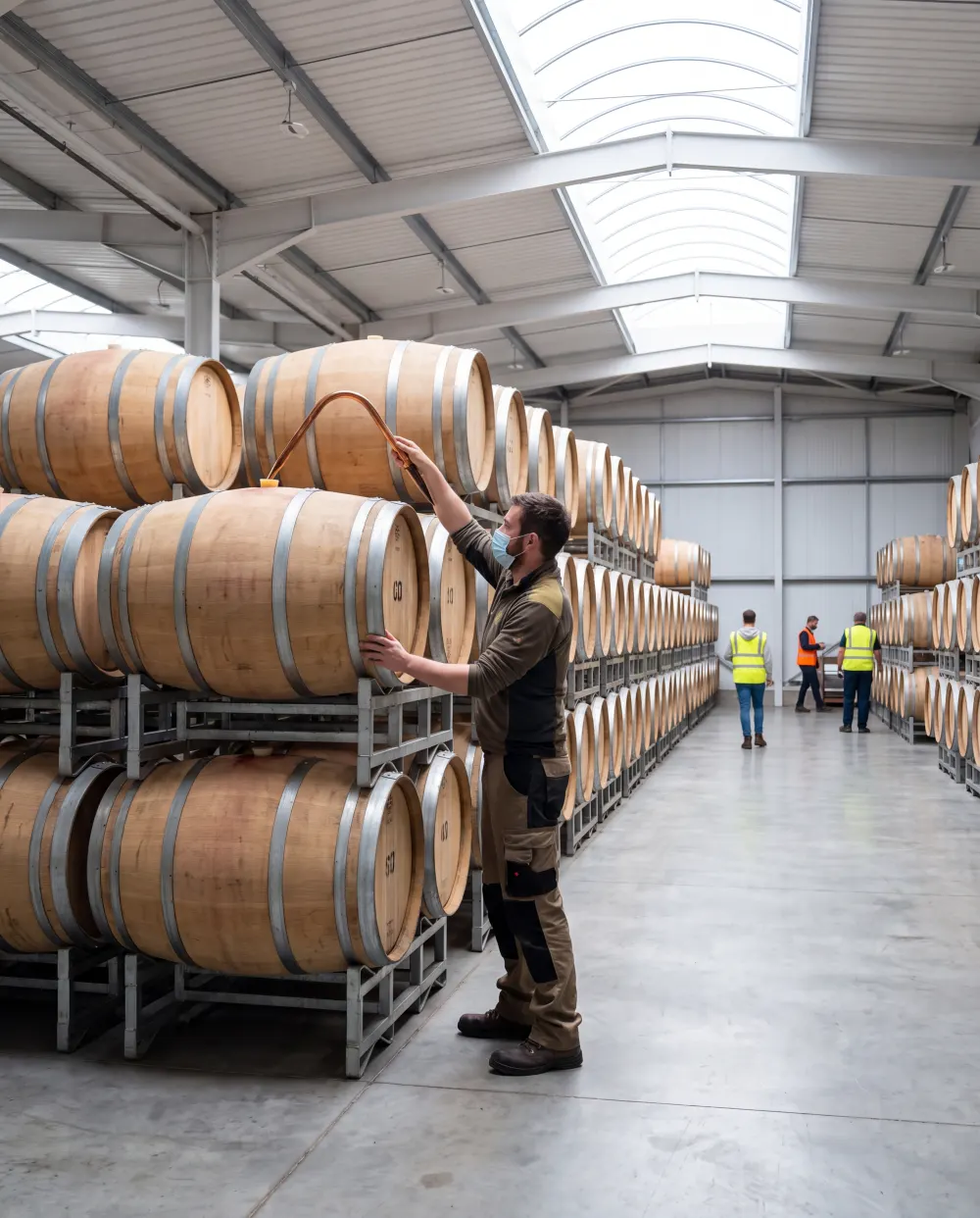 Cooper rolling oak casks in the whisky maturation warehouse
