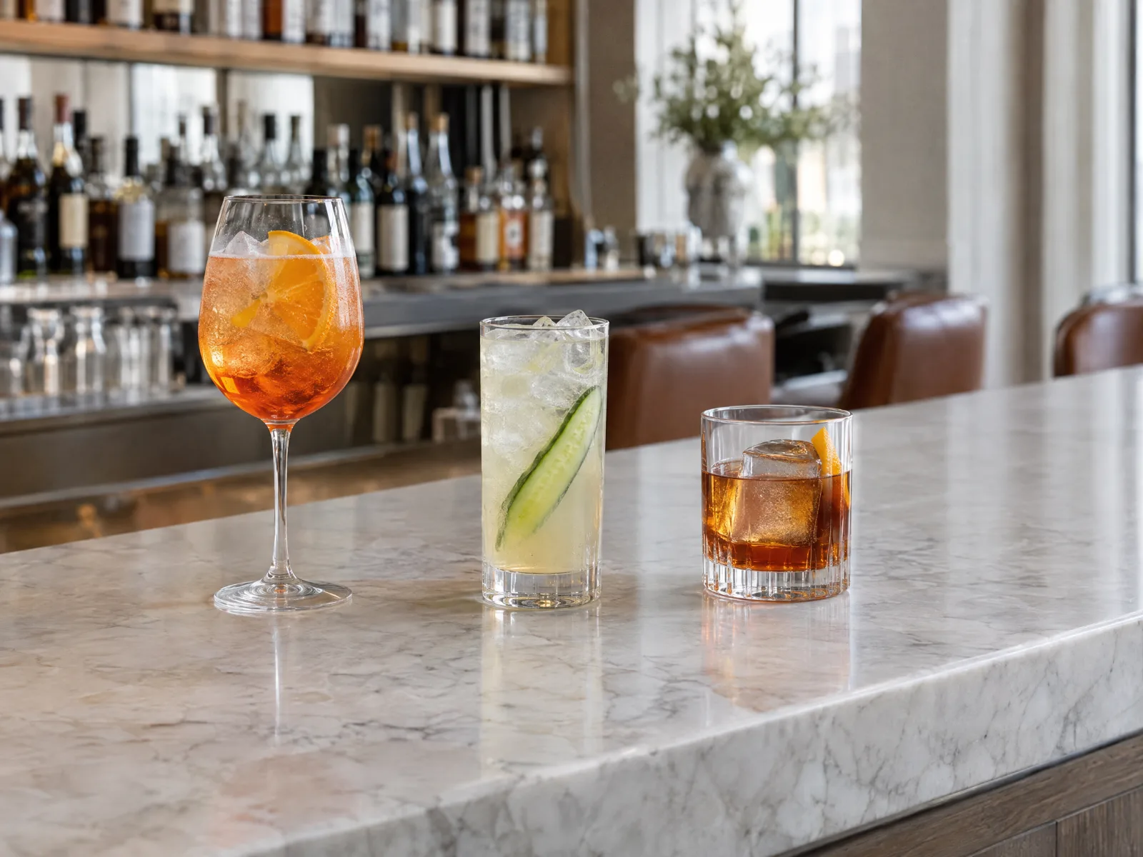 Three cocktails on a marble hotel bar counter