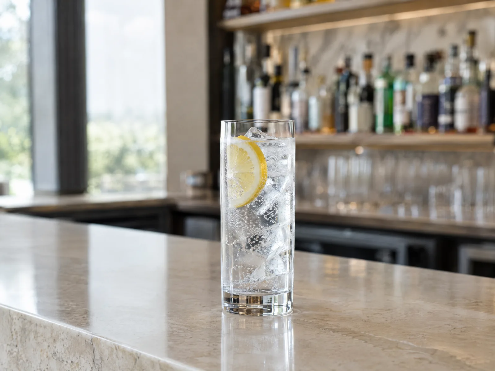 Gin and tonic with a lemon slice on a marble hotel bar counter